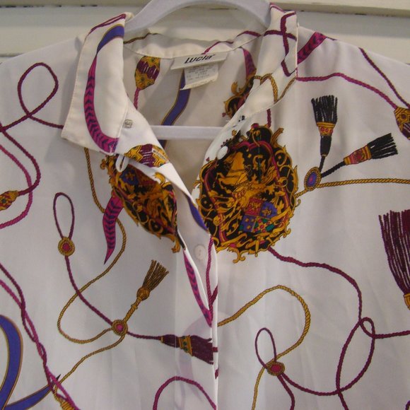 Lucia Collared Button Down Ribbons Purple White Long Sleeve Blouse Size 8 - Picture 3 of 8